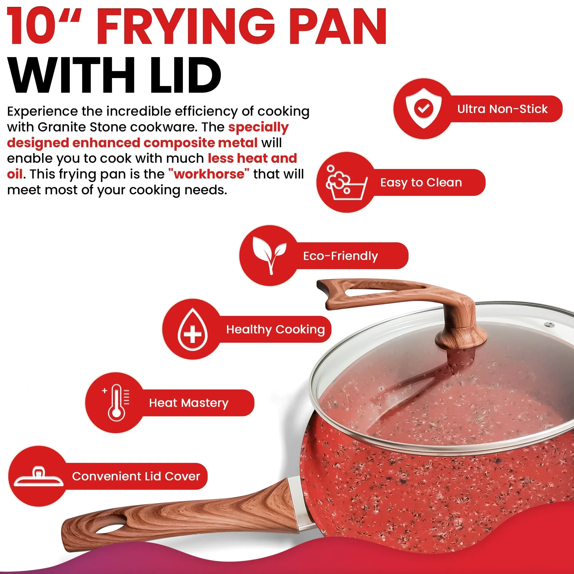 10 Inch Frying Pan With Special Lid - Deluxe Copper Granite Stone Coating - PFOA PFOS PTFE Free - Premium Nonstick Scratch Proof Coating - Comes With Special Lid, Red