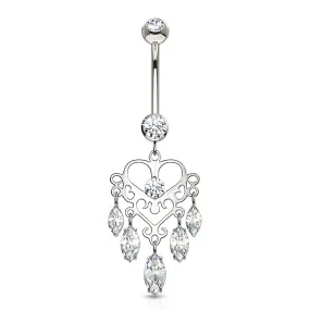 14K Chandelier Heart CZ Dangle Marquise White Gold Belly Ring