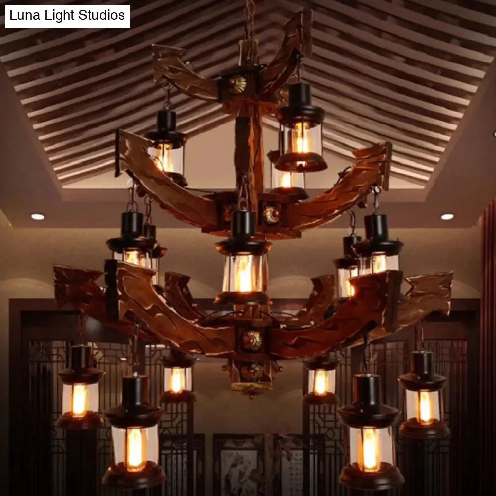 15-Head Wood Black Chandelier - Industrial Tree/Rudder Suspension Lighting Fixture