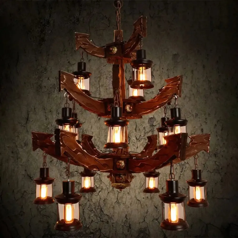 15-Head Wood Black Chandelier - Industrial Tree/Rudder Suspension Lighting Fixture