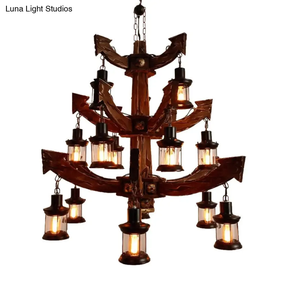 15-Head Wood Black Chandelier - Industrial Tree/Rudder Suspension Lighting Fixture