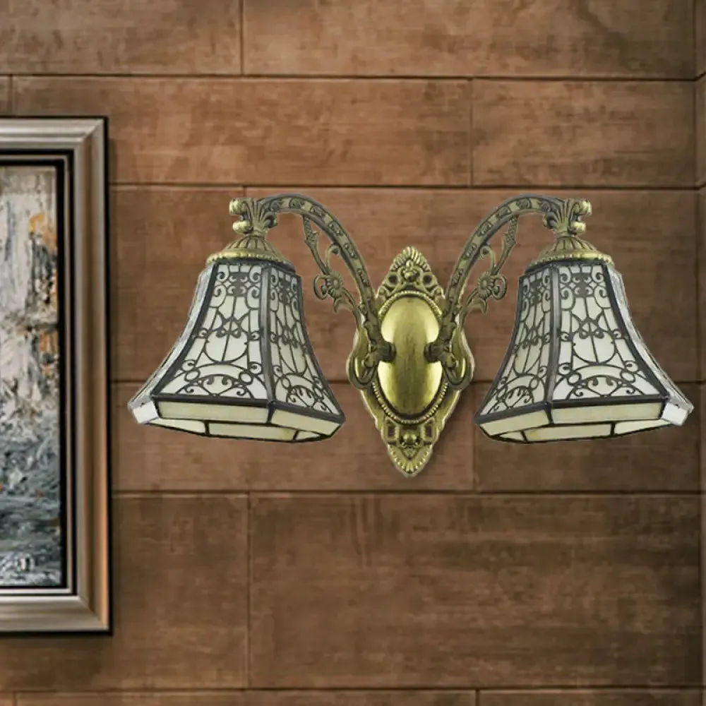 2-Head Beige Glass Bell Wall Sconce with Rustic Lodge Fence Design