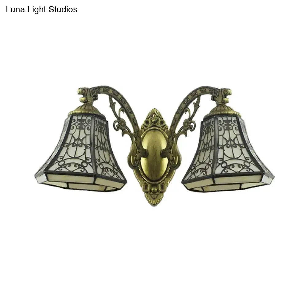 2-Head Beige Glass Bell Wall Sconce with Rustic Lodge Fence Design