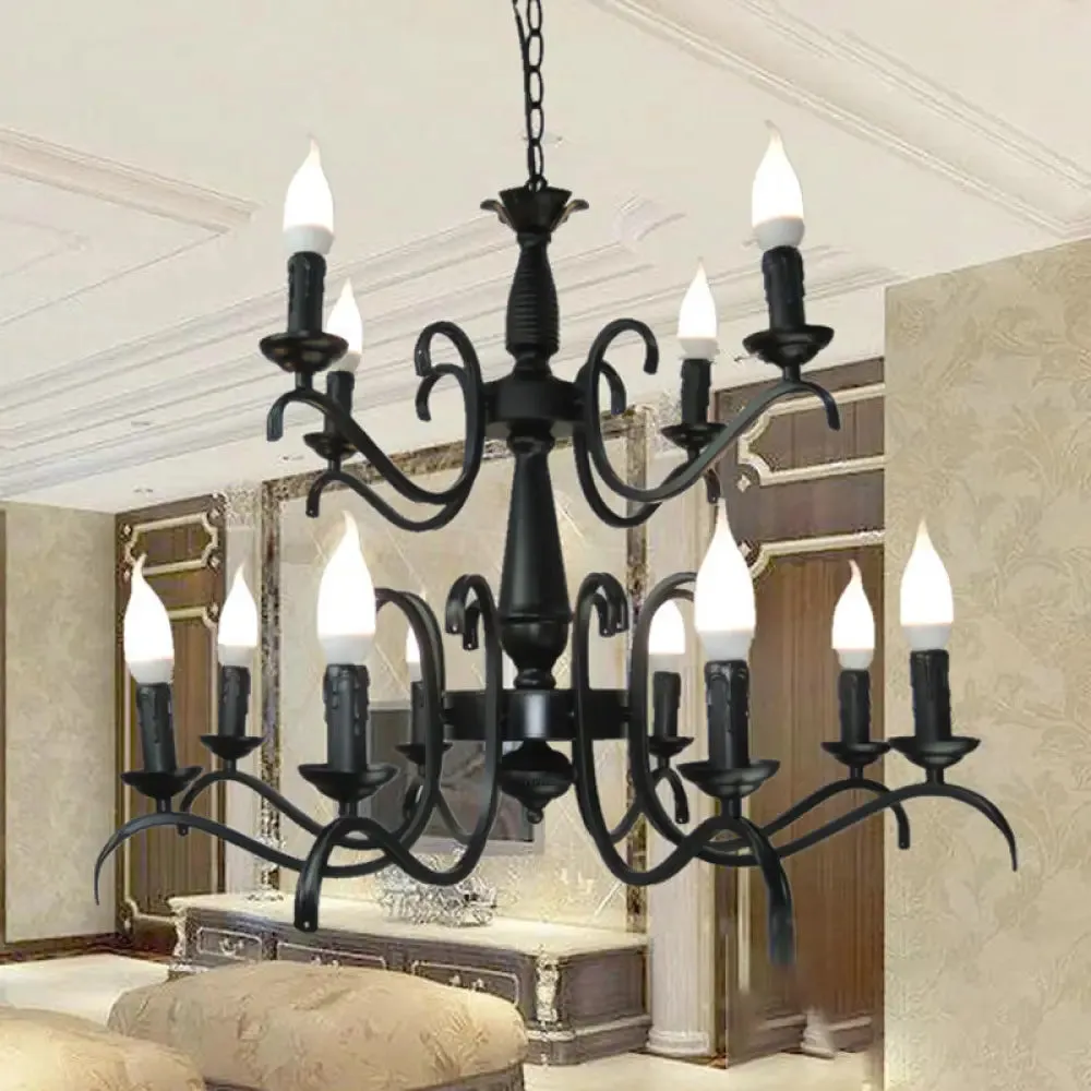 2-Tier Traditional Metal Candle Chandelier with Black Finish - Ideal for Living Room - Ceiling Hanging Light Fixture with 3/5/6 Bulbs