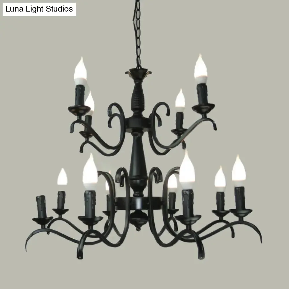 2-Tier Traditional Metal Candle Chandelier with Black Finish - Ideal for Living Room - Ceiling Hanging Light Fixture with 3/5/6 Bulbs