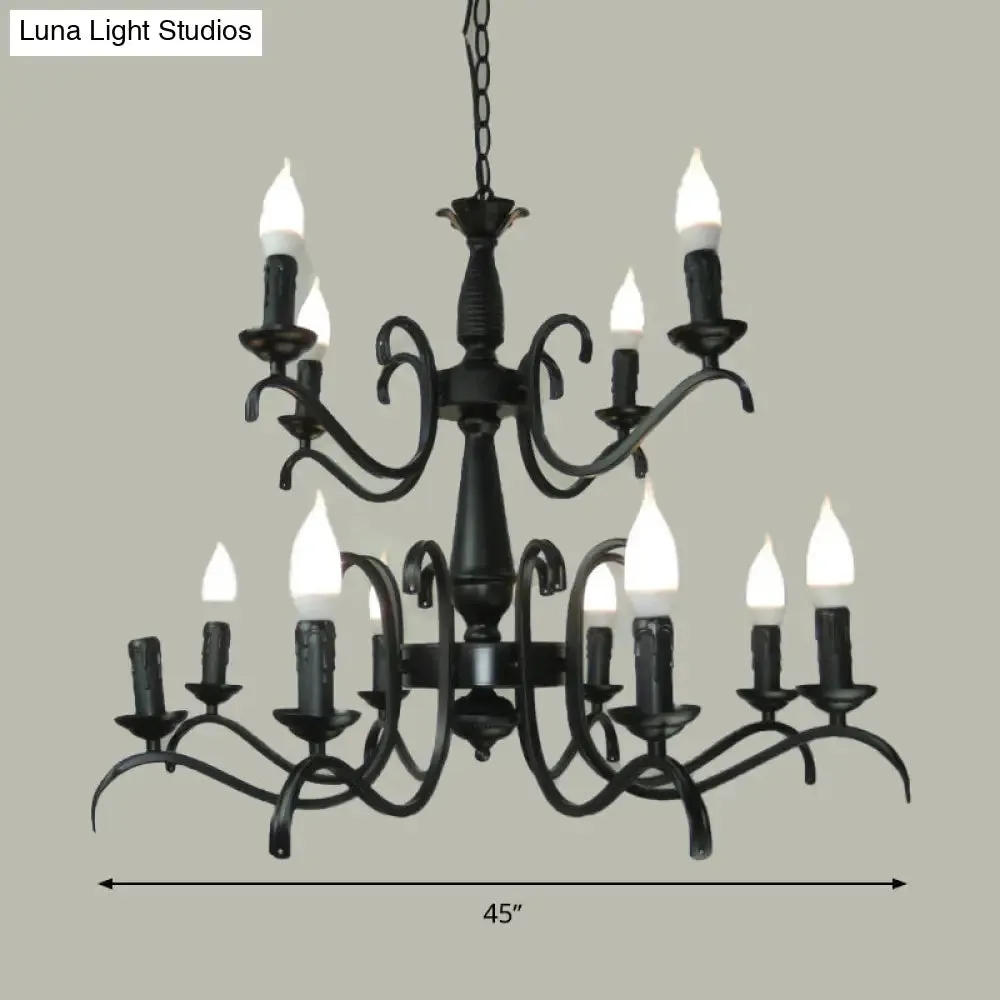 2-Tier Traditional Metal Candle Chandelier with Black Finish - Ideal for Living Room - Ceiling Hanging Light Fixture with 3/5/6 Bulbs