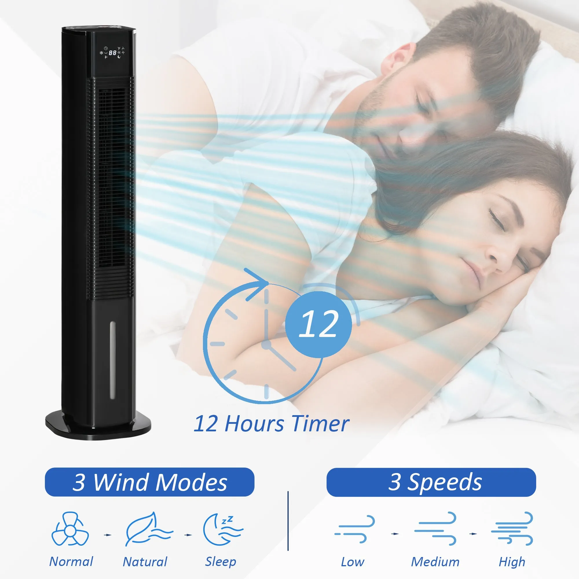 42" Portable Cooling Fan, Water Conditioner Unit with 3 Modes, 3 Speed, Remote Controller, Timer, Oscillating for Home Quiet Bedroom, Black