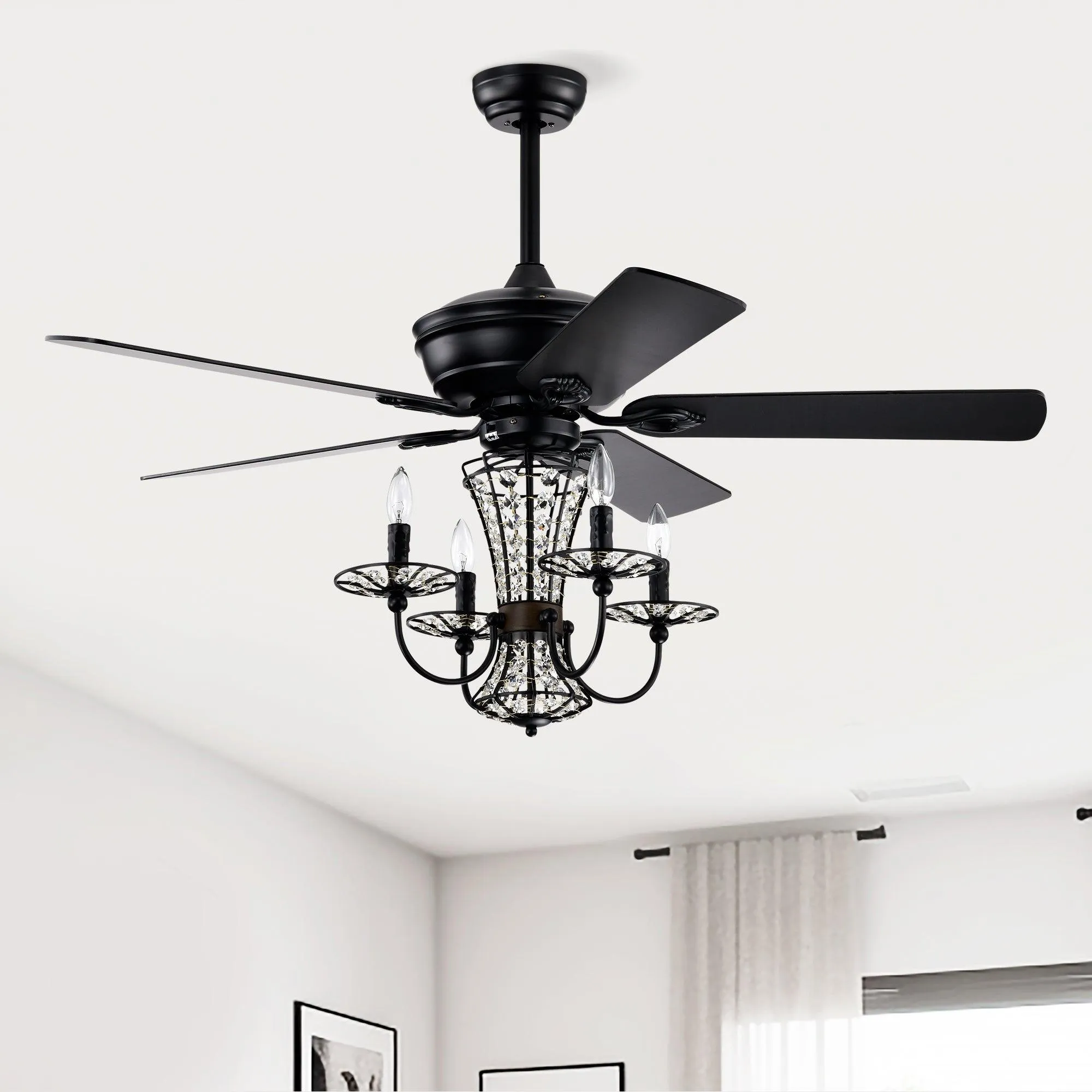 52 Inch Crystal Chandelier Fan with Lights and Remote Control, Modern Ceiling Fan with Dual Finish Reversible Blades, Fandelier for Living Room, Dining Room, Bedroom, Family Room, Matte Black