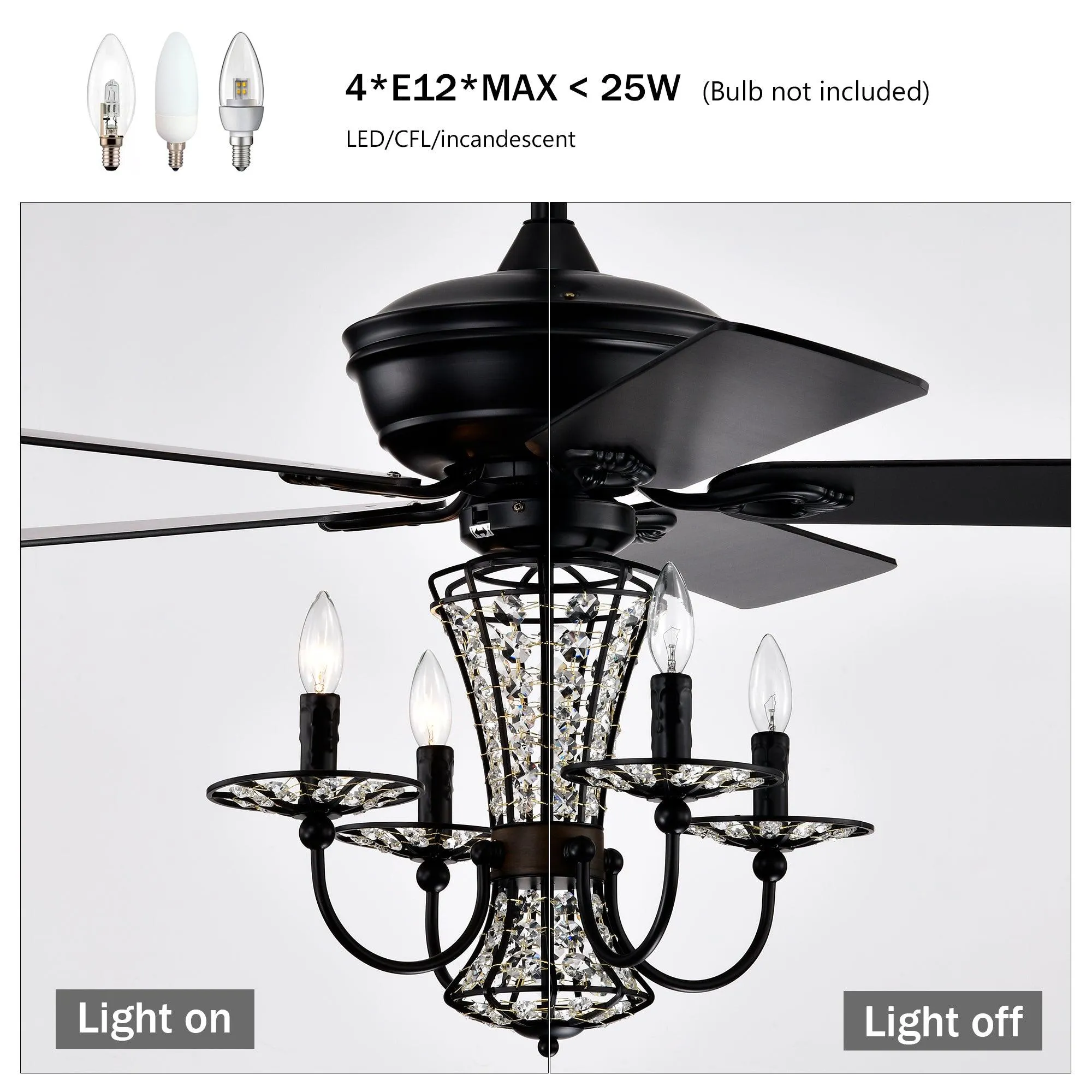 52 Inch Crystal Chandelier Fan with Lights and Remote Control, Modern Ceiling Fan with Dual Finish Reversible Blades, Fandelier for Living Room, Dining Room, Bedroom, Family Room, Matte Black