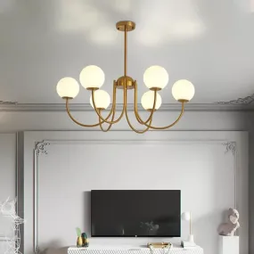 6-Head Living Room Chandelier: Modern Gold Hanging Light with Milk Glass Shade and Orb Design