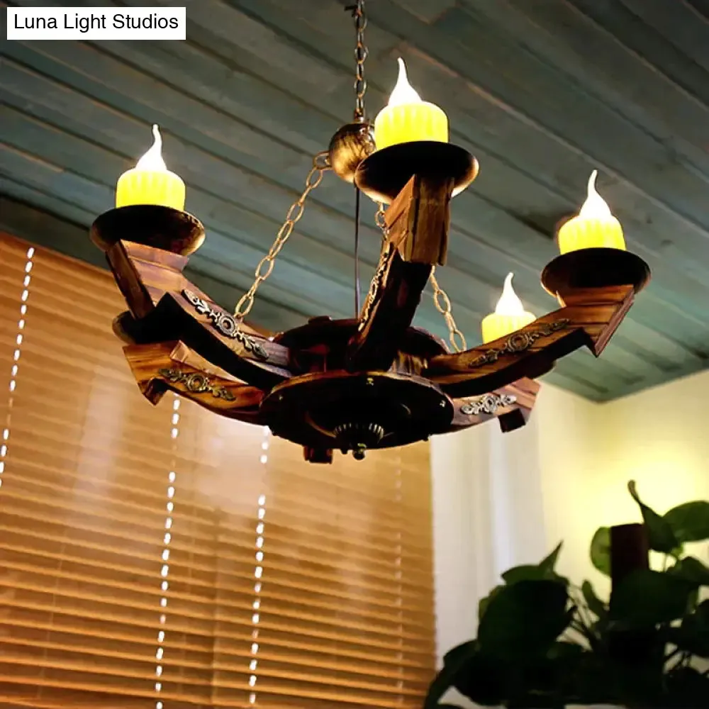 6 Lights Dark Wood Resin Pendant Lighting for Restaurant