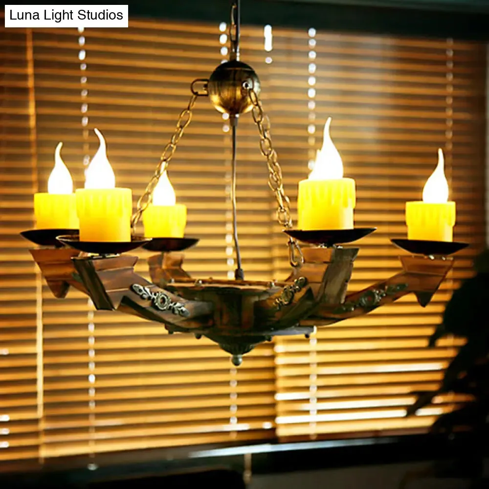 6 Lights Dark Wood Resin Pendant Lighting for Restaurant