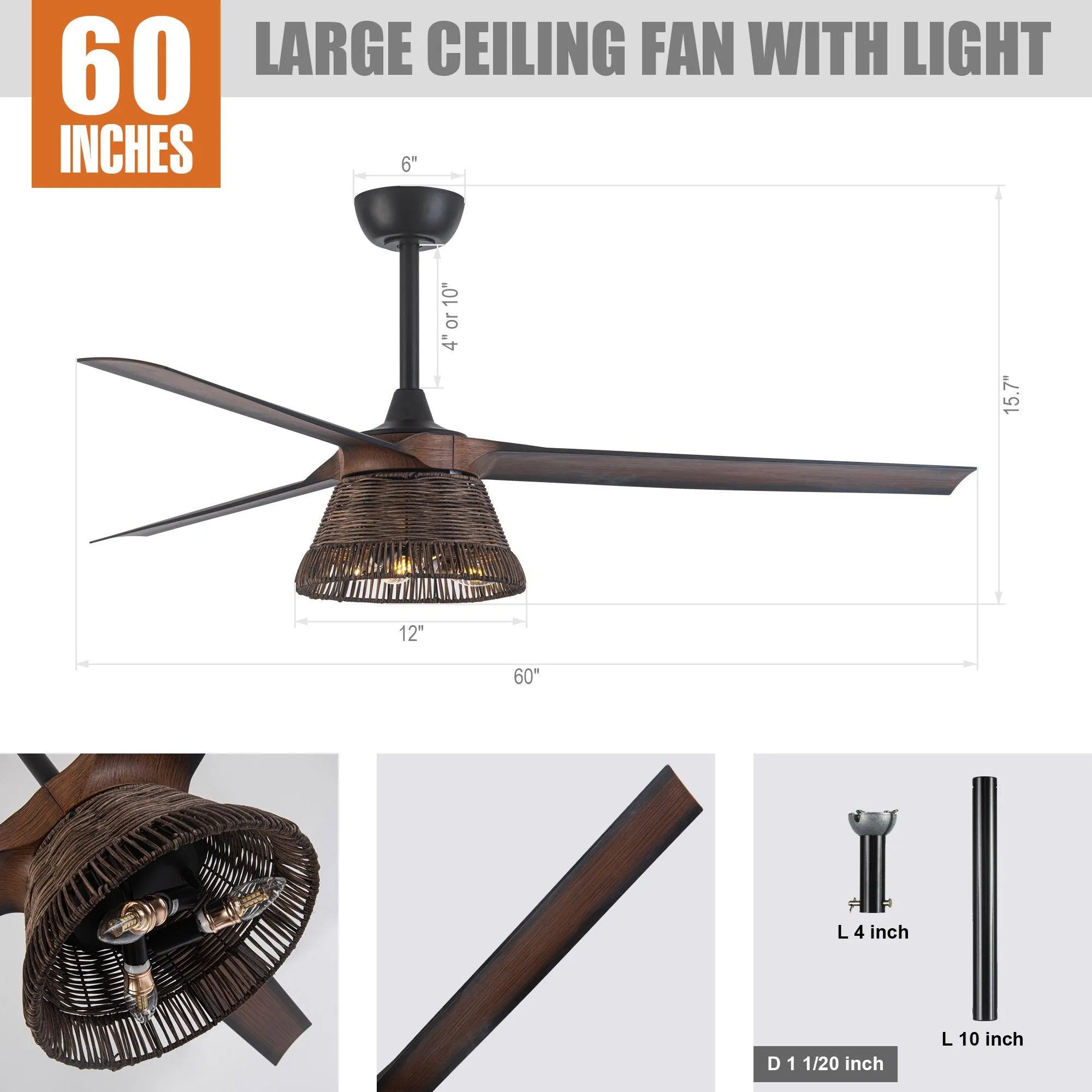 60" Farmhouse Downrod Mount Reversible Ceiling Fan with Lighting and Remote Control