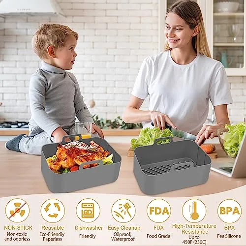 8 QT Air Fryer Silicone Liners Rectangular for Ninja Foodi Dual Reusable Silicone Airfryer Liner Rectangle Silicone Air Fryer Oven Basket (8 * 5.3 inch（8 QT）, DZ201 - Black)