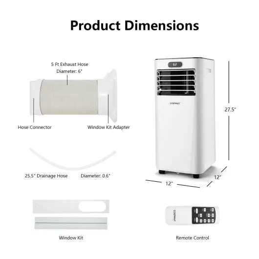 8000BTU 3-in-1 Portable Air Conditioner with Remote Control-White