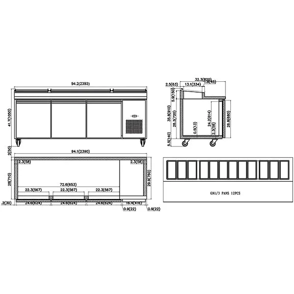 94" CHEF Triple Solid Door Refrigerated Pizza Prep Table WC-3DPPT-HC