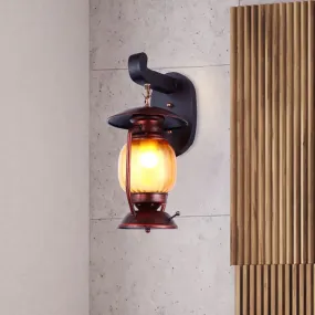 Amber Glass Wall Sconce - 1 Light Copper Kerosene Loft Lamp for Stairway