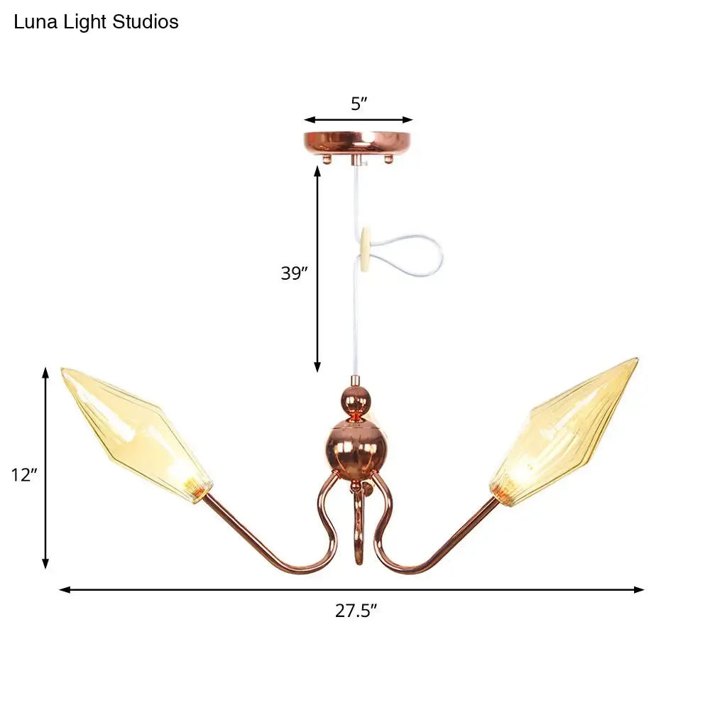 Amber/Clear Metal and Glass Diamond Chandelier: Industrial 3-Light Suspension Lamp