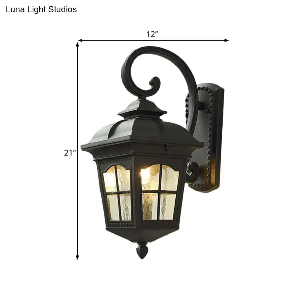 Antique Black Lantern Wall Lamp with Seedy Glass - 1 Light, Up/Down Curved Arm - 10"/12.5" W