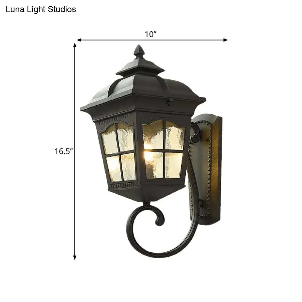 Antique Black Lantern Wall Lamp with Seedy Glass - 1 Light, Up/Down Curved Arm - 10"/12.5" W