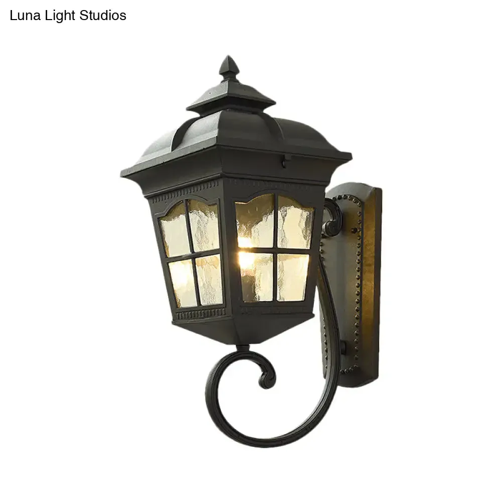 Antique Black Lantern Wall Lamp with Seedy Glass - 1 Light, Up/Down Curved Arm - 10"/12.5" W