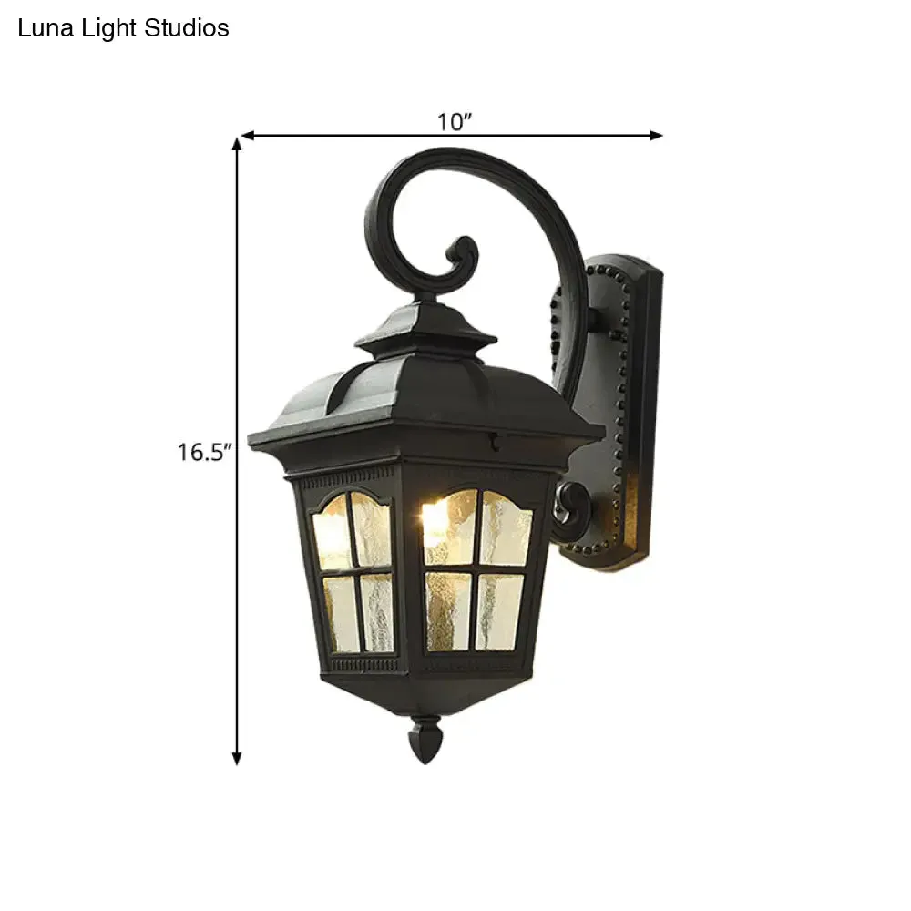 Antique Black Lantern Wall Lamp with Seedy Glass - 1 Light, Up/Down Curved Arm - 10"/12.5" W