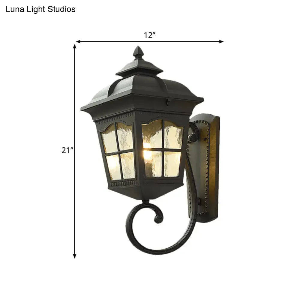 Antique Black Lantern Wall Lamp with Seedy Glass - 1 Light, Up/Down Curved Arm - 10"/12.5" W