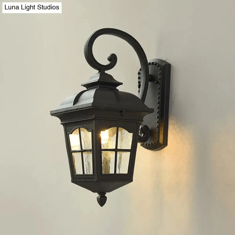 Antique Black Lantern Wall Lamp with Seedy Glass - 1 Light, Up/Down Curved Arm - 10"/12.5" W