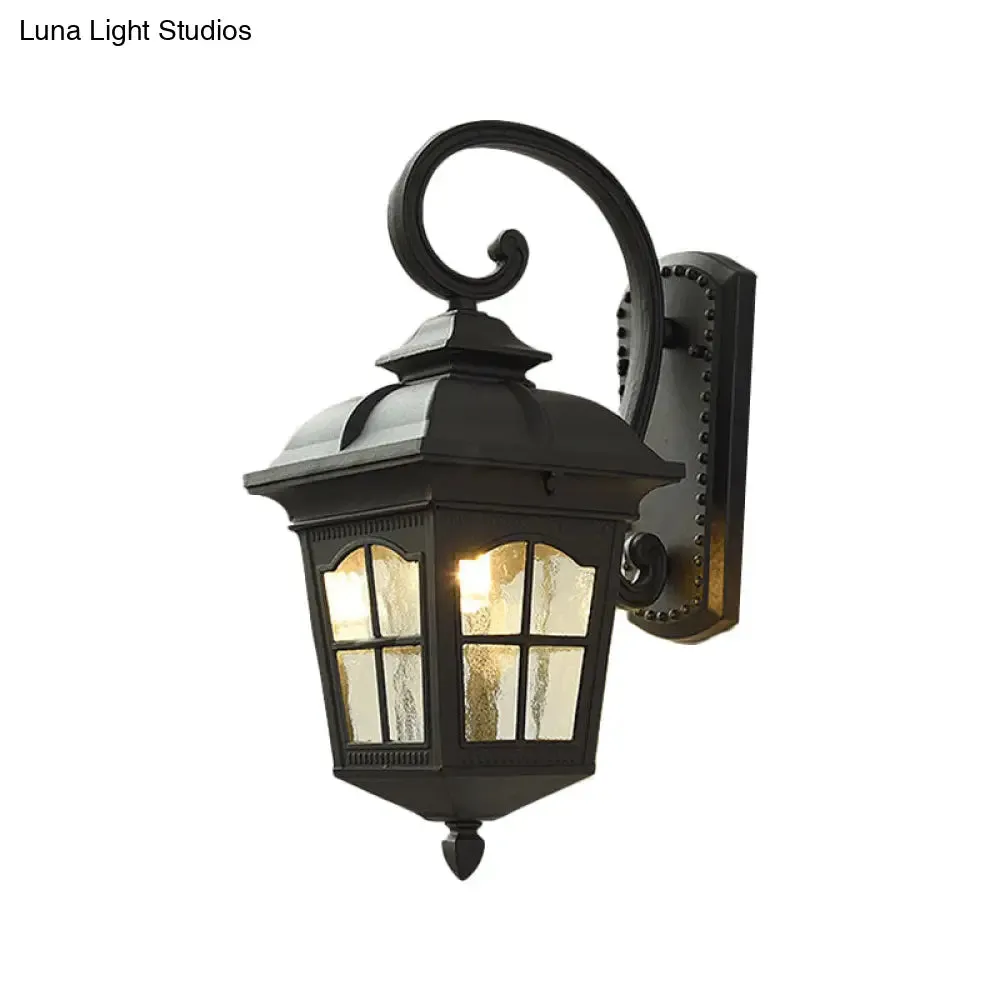 Antique Black Lantern Wall Lamp with Seedy Glass - 1 Light, Up/Down Curved Arm - 10"/12.5" W