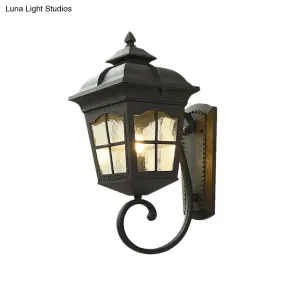 Antique Black Lantern Wall Lamp with Seedy Glass - 1 Light, Up/Down Curved Arm - 10"/12.5" W