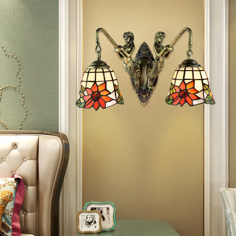 Antique Bronze Bell Wall Mounted Tiffany Sconce Light with 2 Frosted Glass Mermaid Heads - Ideal for Bedside