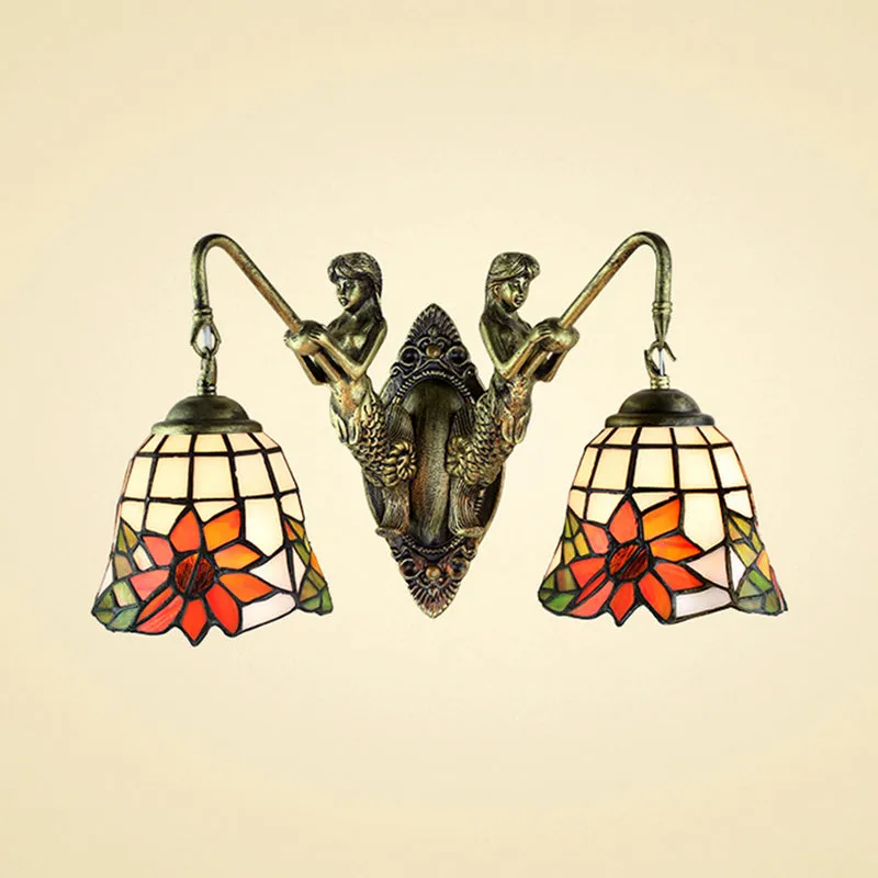 Antique Bronze Bell Wall Mounted Tiffany Sconce Light with 2 Frosted Glass Mermaid Heads - Ideal for Bedside