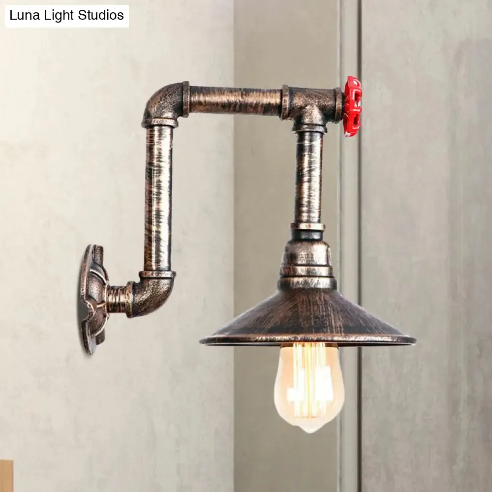 Antique Bronze Metallic Saucer Wall Lamp - Warehouse 1 Bulb Corridor Mount Light with Red Valve and Pipe