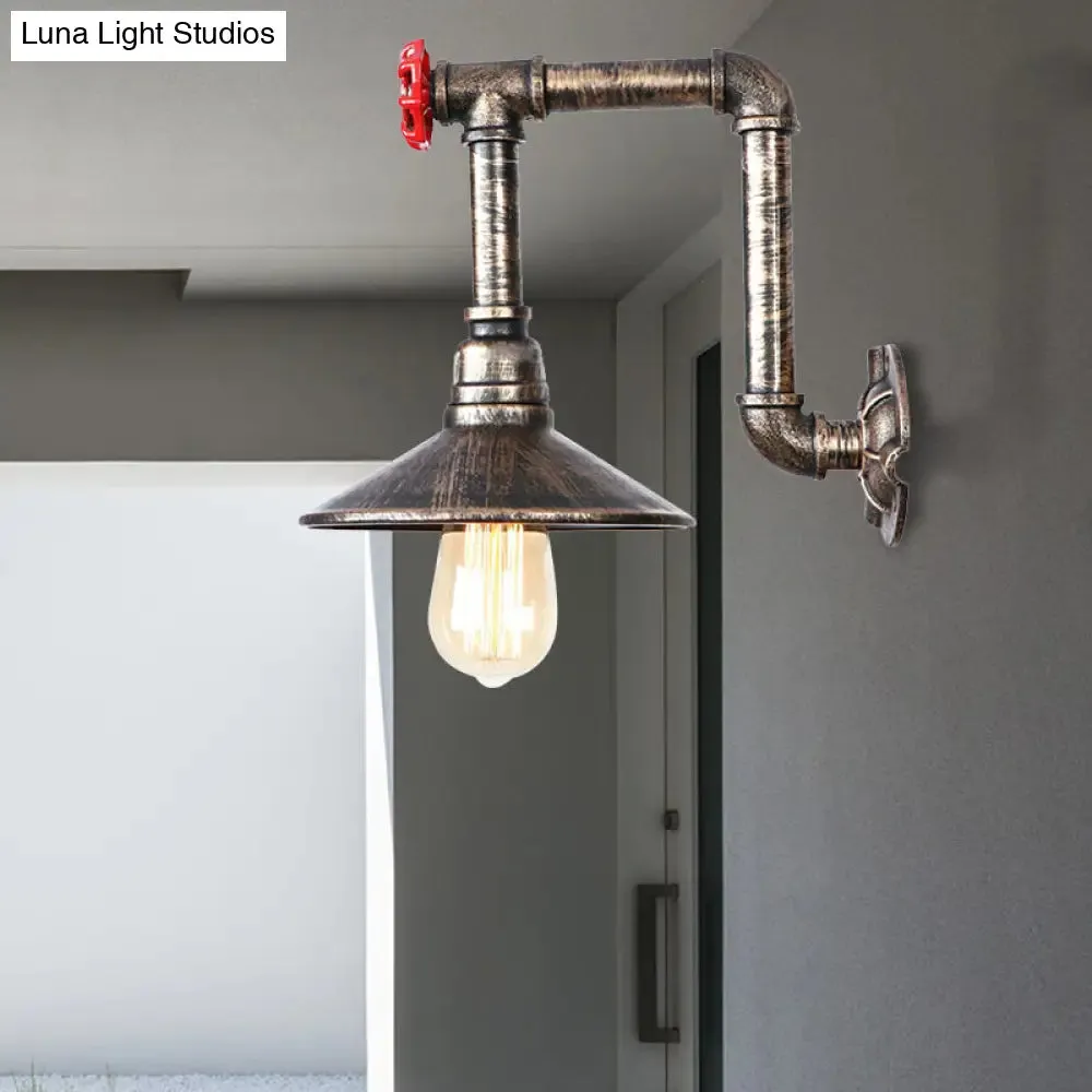 Antique Bronze Metallic Saucer Wall Lamp - Warehouse 1 Bulb Corridor Mount Light with Red Valve and Pipe