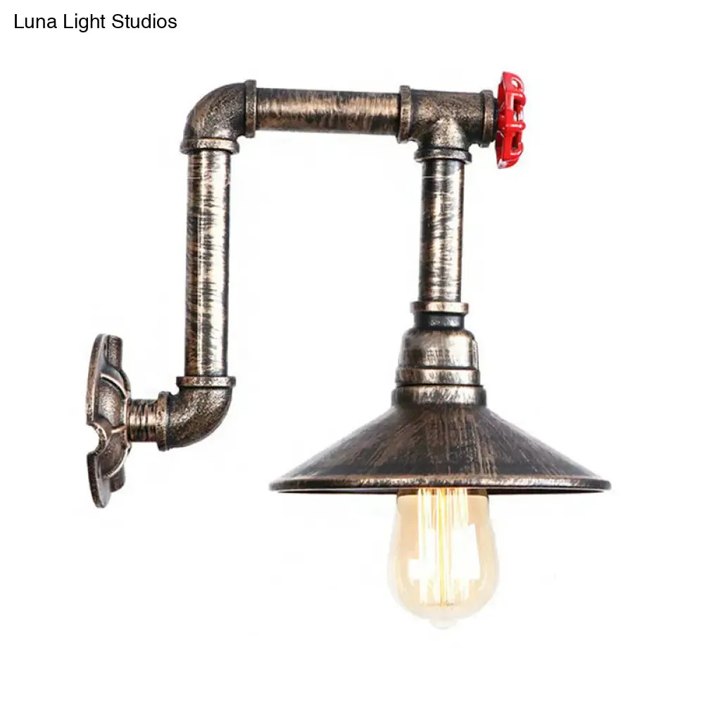 Antique Bronze Metallic Saucer Wall Lamp - Warehouse 1 Bulb Corridor Mount Light with Red Valve and Pipe