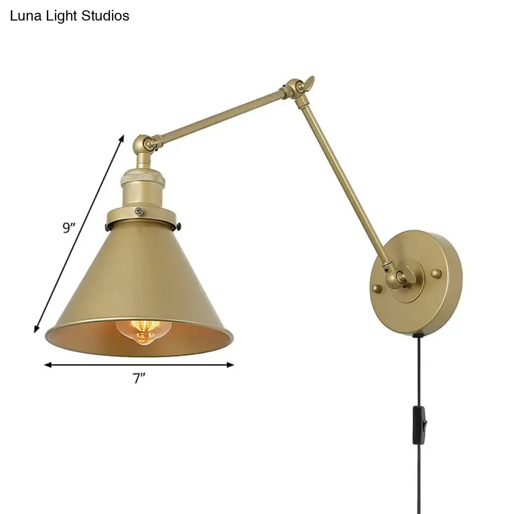 Antique Metallic Conical Bedside Wall Lamp with Swing Arm - Brass Plug-in/Plug-less Wall Mounted Light