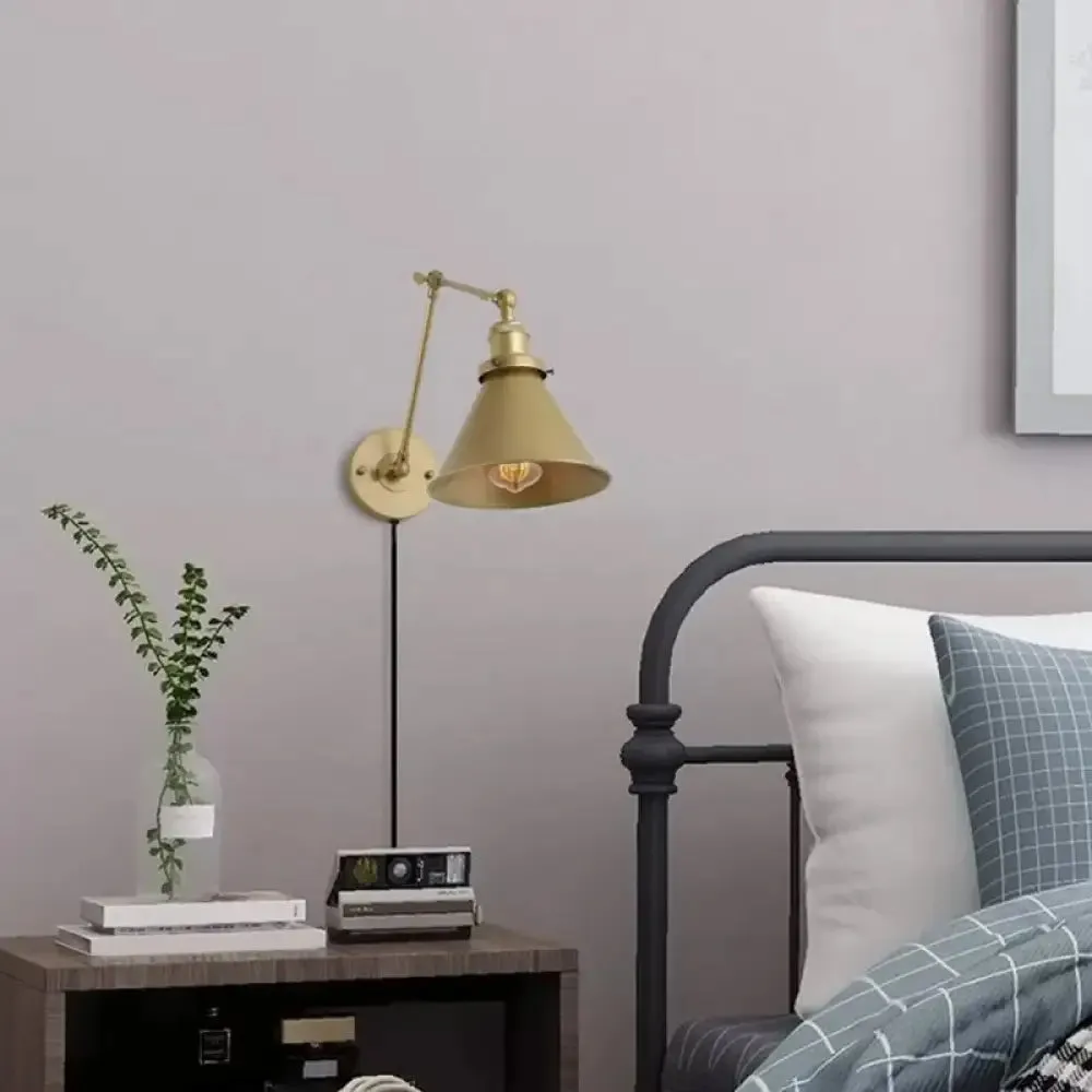 Antique Metallic Conical Bedside Wall Lamp with Swing Arm - Brass Plug-in/Plug-less Wall Mounted Light