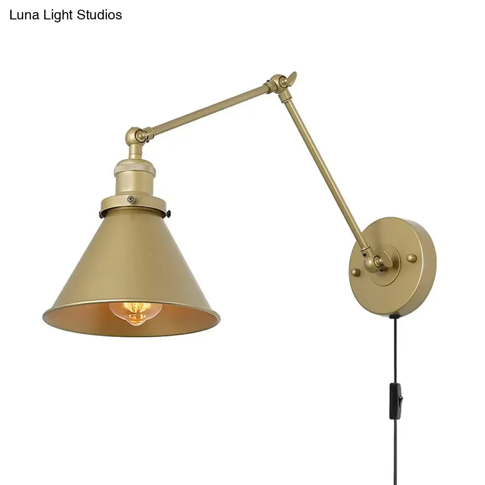 Antique Metallic Conical Bedside Wall Lamp with Swing Arm - Brass Plug-in/Plug-less Wall Mounted Light