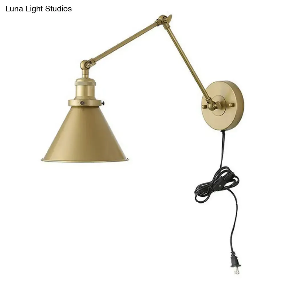 Antique Metallic Conical Bedside Wall Lamp with Swing Arm - Brass Plug-in/Plug-less Wall Mounted Light