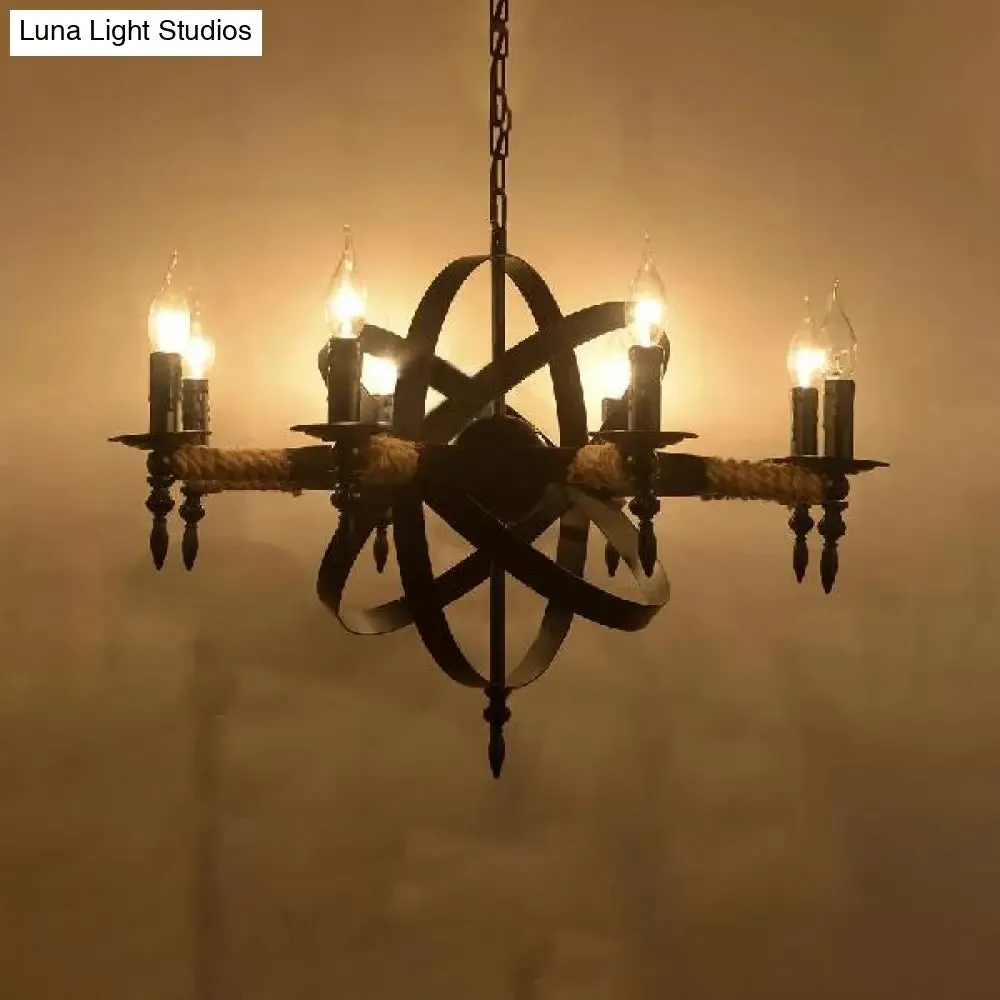 Antique-style Black Metal Chandelier Lamp: Orbit Cage Design with 8 Candle Lights for Living Room Pendant Lighting