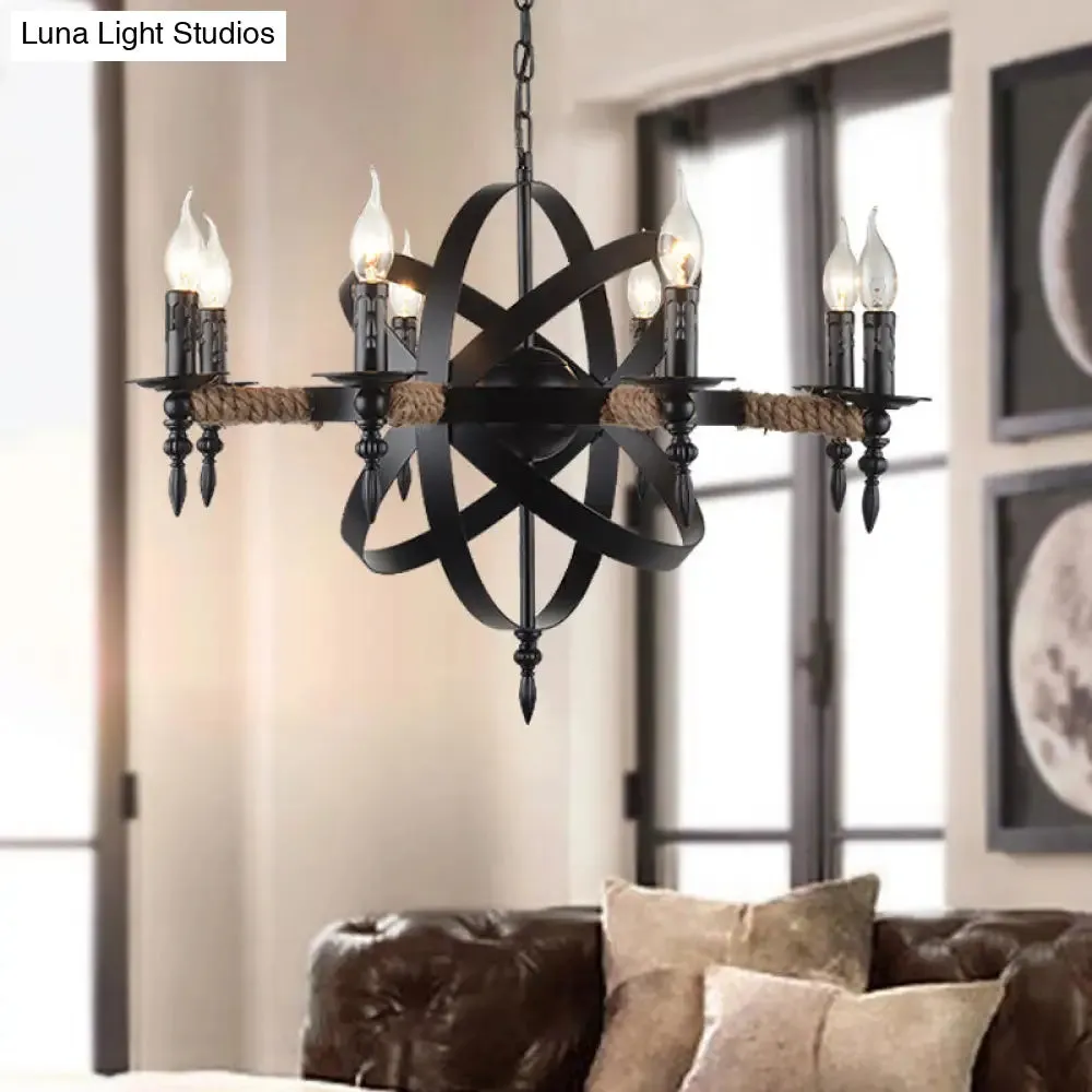 Antique-style Black Metal Chandelier Lamp: Orbit Cage Design with 8 Candle Lights for Living Room Pendant Lighting