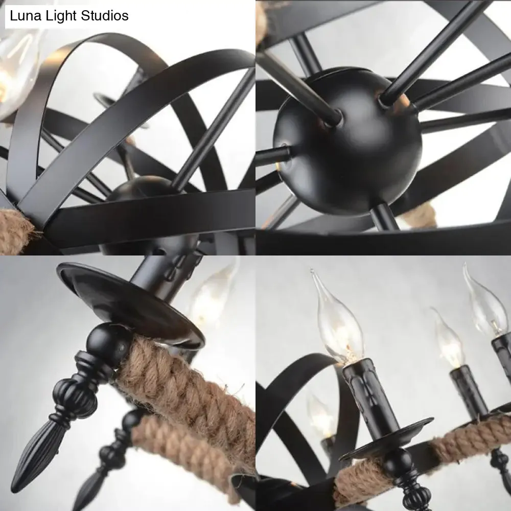 Antique-style Black Metal Chandelier Lamp: Orbit Cage Design with 8 Candle Lights for Living Room Pendant Lighting