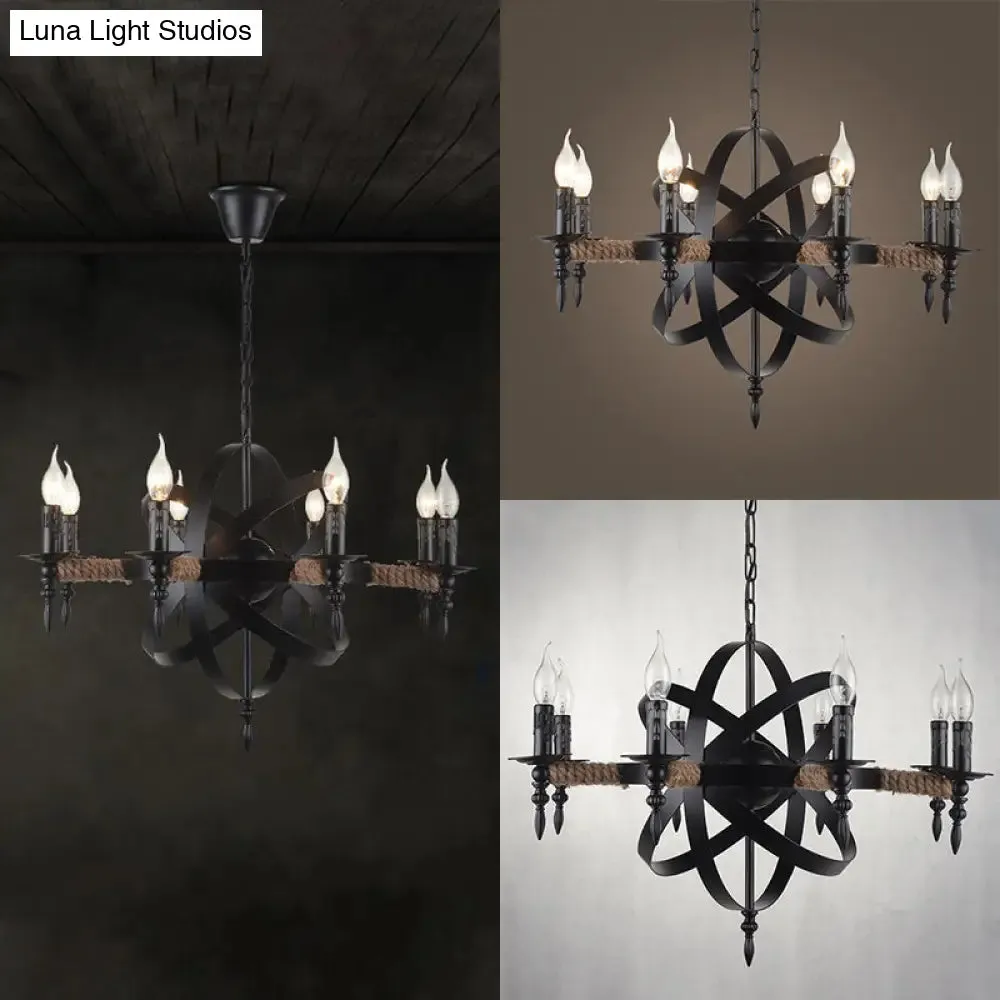 Antique-style Black Metal Chandelier Lamp: Orbit Cage Design with 8 Candle Lights for Living Room Pendant Lighting