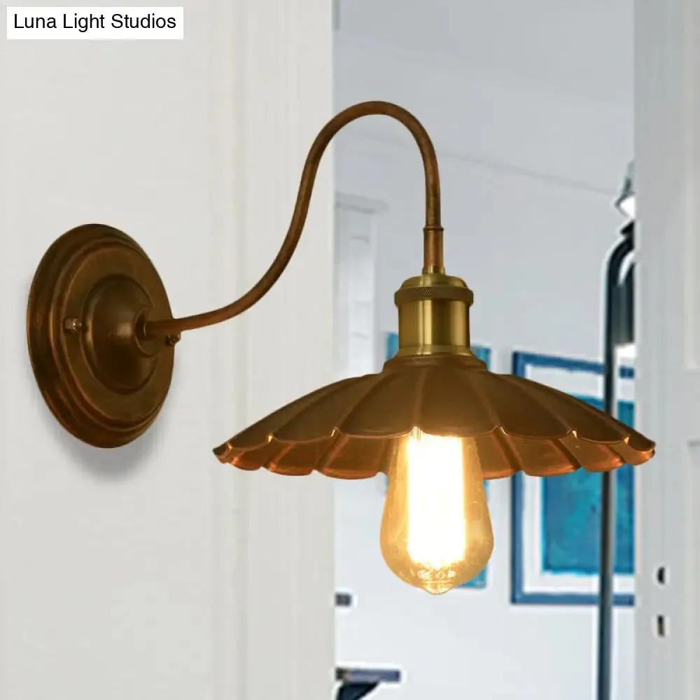 Antique Style Metal Wall Sconce with Scalloped Edge, Weathered Copper Finish and Gooseneck Arm - 1 Bulb Light Fixture