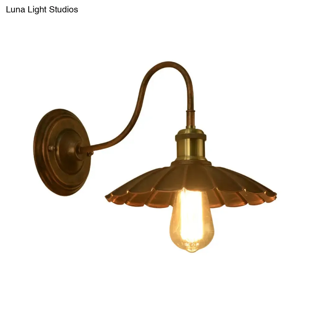 Antique Style Metal Wall Sconce with Scalloped Edge, Weathered Copper Finish and Gooseneck Arm - 1 Bulb Light Fixture