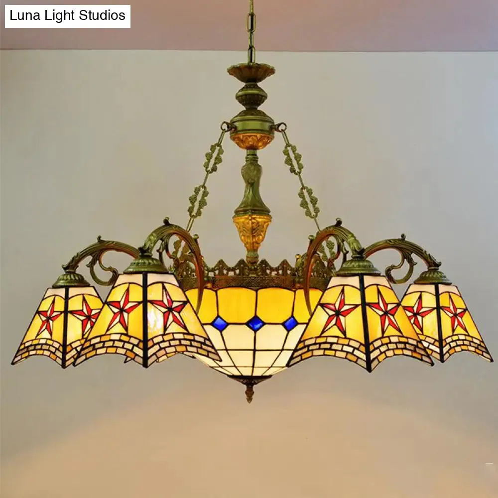 Antique Tiffany Stained Glass Chandelier with Yellow Pendant Light for Hotels