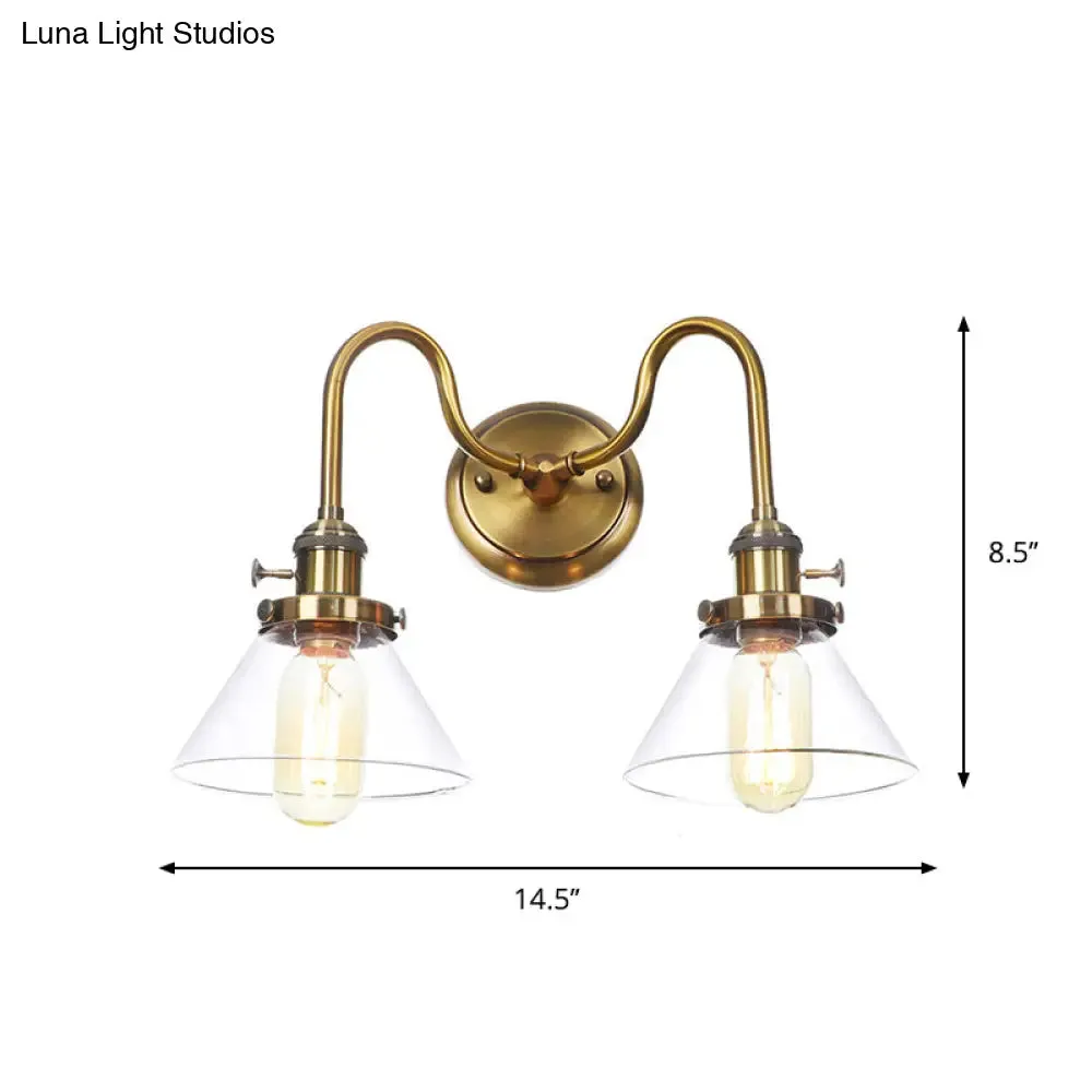 Antiqued Brass Wall Mounted Lamp with Conical/Spherical Shades and Adjustable Arms - 2-Light Fixture for Warehouse or Industrial Spaces