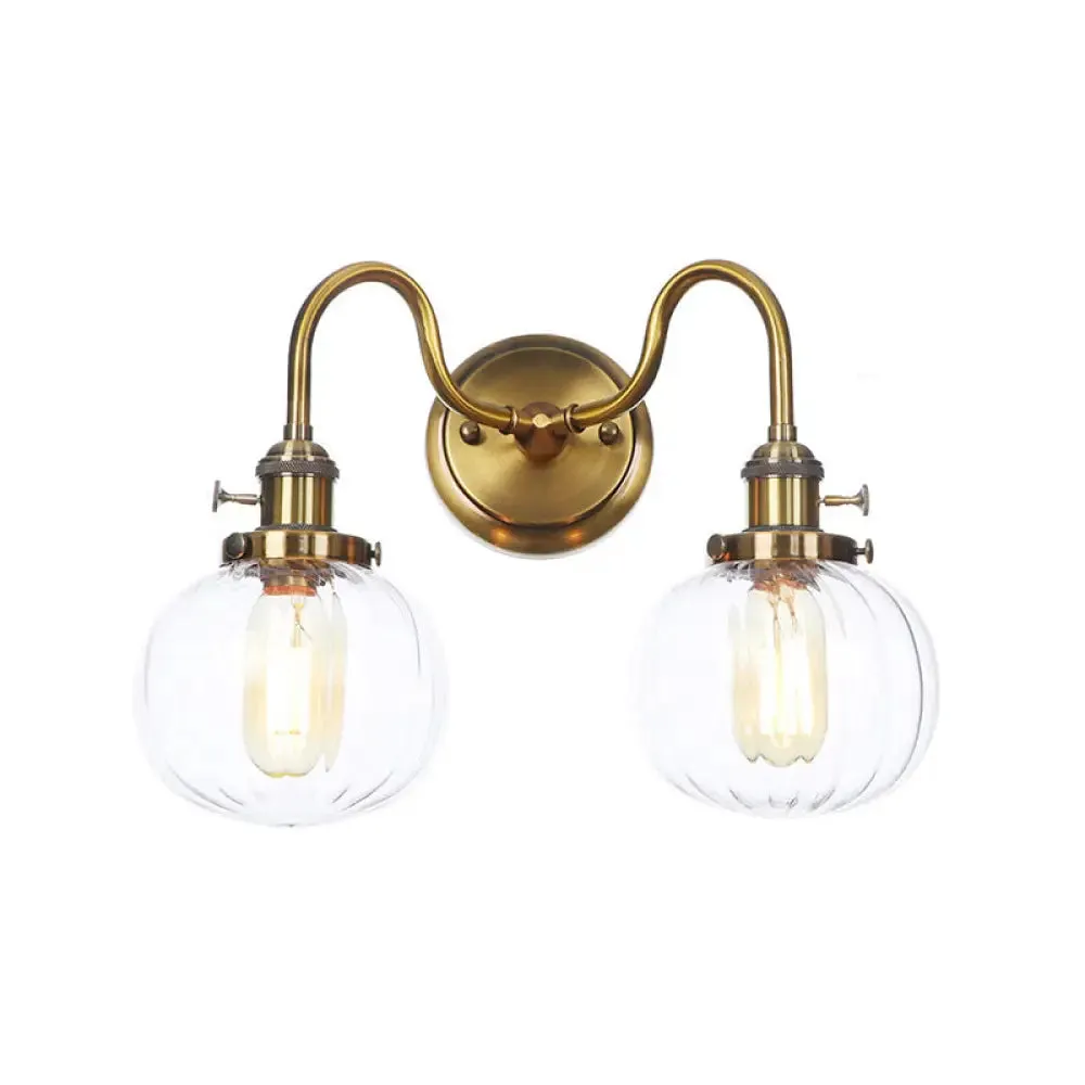 Antiqued Brass Wall Mounted Lamp with Conical/Spherical Shades and Adjustable Arms - 2-Light Fixture for Warehouse or Industrial Spaces