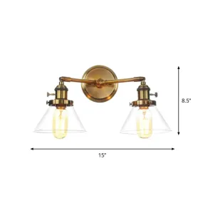 Antiqued Brass Wall Mounted Lamp with Conical/Spherical Shades and Adjustable Arms - 2-Light Fixture for Warehouse or Industrial Spaces