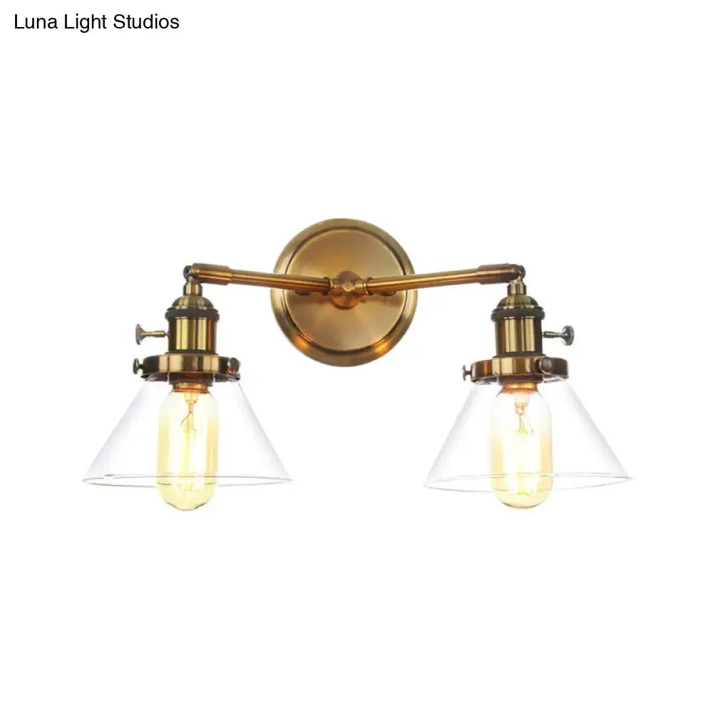 Antiqued Brass Wall Mounted Lamp with Conical/Spherical Shades and Adjustable Arms - 2-Light Fixture for Warehouse or Industrial Spaces